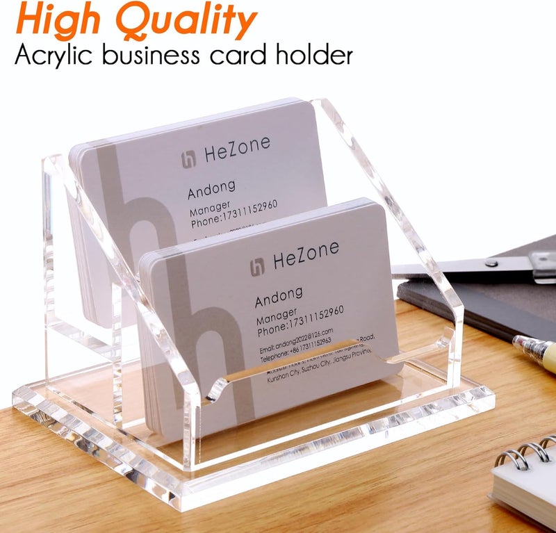 HeZone Acrylic Business Card Holder For Desk Clear Business Card Display Stand 2 Tier 2 Slots Business Cards Holders for Men And Woman, Organize 100 Cards-1 Pack (2 Solt-H) - Image 3